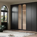 Modern Black Wardrobe With Rattan Doors In Room With Arched Windows And Rug