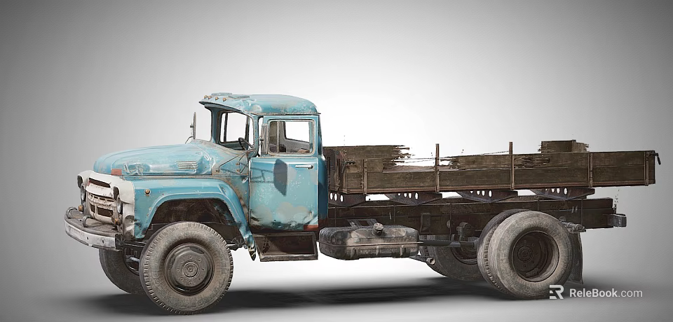 Vintage Blue Truck With Wooden Cargo Bed And Worn Out Exterior 3d model 