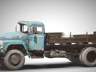 Vintage Blue Truck With Wooden Cargo Bed And Worn Out Exterior 3d model