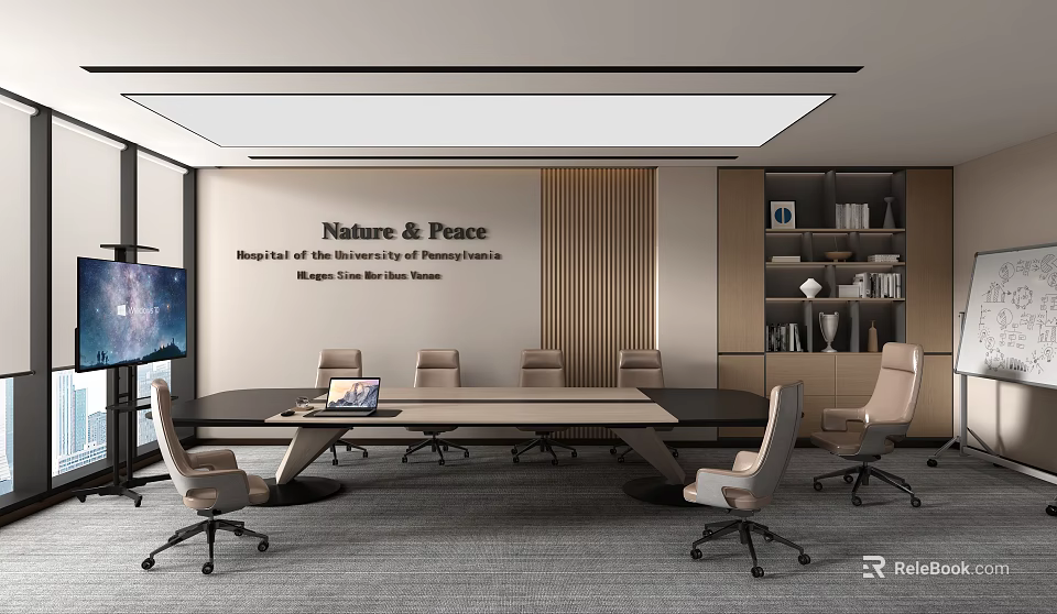 Nature Inspired Modern Conference Room Interior With Large Conference Table Comfortable Chairs And Wall Bookshelves 3d model 