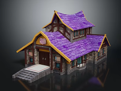 Cartoon Style Building With Purple Roof Yellow Eaves Wooden Structure Front Steps And Book Sign 3d model