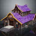Cartoon Style Building With Purple Roof Yellow Eaves Wooden Structure Front Steps And Book Sign