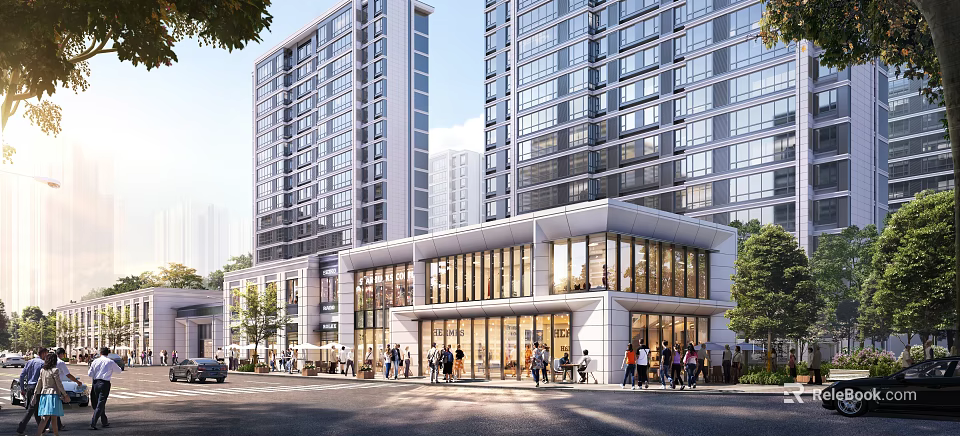 Modern Commercial Street Scene With Pedestrians And High Rise Buildings 3d model 
