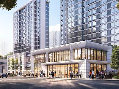Modern Commercial Street Scene With Pedestrians And High Rise Buildings 3d model