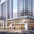 Modern Commercial Street Scene With Pedestrians And High Rise Buildings