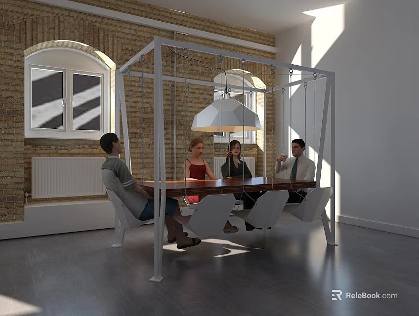 Garden Landscape View Through Arched Window In Modern Interior With Pendant Light And Wooden Table 3d model 