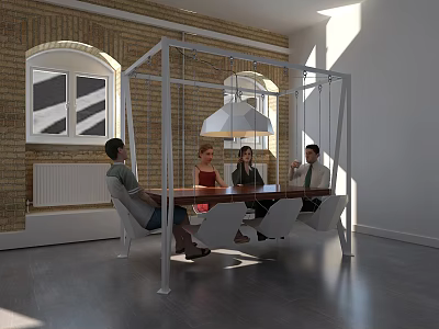 Garden Landscape View Through Arched Window In Modern Interior With Pendant Light And Wooden Table 3d model