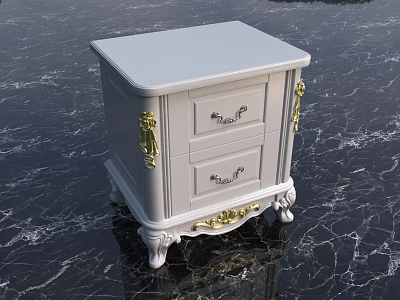 Elegant White Bedside Table With Gold Accents And Two Carved Drawers On Marble Surface 3d model