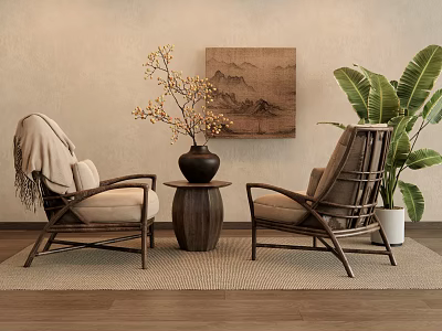Comfortable Lounge Chairs With Wooden Frame Cushions Round Table Vase Wall Art And Green Plant 3d model