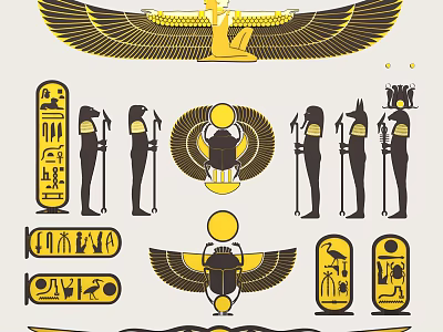 Egyptian Themed Silhouette Collection With Deity Figures Hieroglyphs Wings And Horus Eye Symbols 3d model