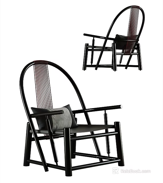 Modern Leisure Chair Featuring Black Frame Woven Backrest And Soft Gray Cushion 3d model 