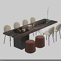 Wooden Tea Table with Tea Set Light-colored Chairs Black Metal Legs and Brown Stools