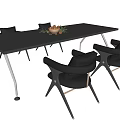 Modern Black Dining Table Set Featuring Rectangular Top Upholstered Chairs And Decorative Fruit Bowl 3d model