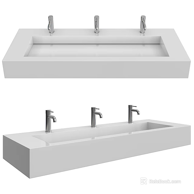 Sleek White Washbasin Design With Three Chrome Faucets And Rectangular Structure 3d model 