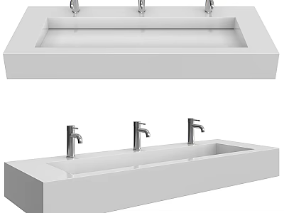 Sleek White Washbasin Design With Three Chrome Faucets And Rectangular Structure 3d model