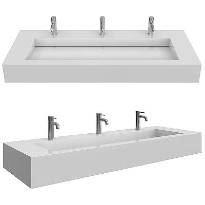 Sleek White Washbasin Design With Three Chrome Faucets And Rectangular Structure 3d model