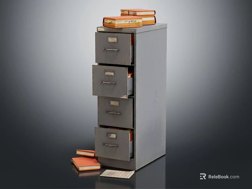 Gray Metal Filing Cabinet With Multiple Drawers Books On Top And Side Card 3d model 