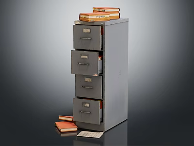 Gray Metal Filing Cabinet With Multiple Drawers Books On Top And Side Card 3d model