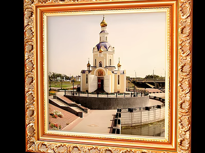 Golden Ornate Framed Picture of Orthodox Church with Golden Domes and Waterfront 3d model