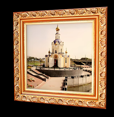 Golden Ornate Framed Picture of Orthodox Church with Golden Domes and Waterfront 3d model Golden Ornate Framed Picture of Orthodox Church with Golden Domes and Waterfront 3d model