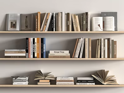 Organized Books And Magazines On Wooden Shelves With Open And Stacked Copies 3d model