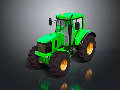 Green Tractor With Large Black Wheels And Yellow Rims Front View Design 3d model