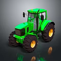 Green Tractor With Large Black Wheels And Yellow Rims Front View Design