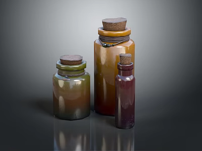 Colorful Glass Bottles Of Various Sizes With Cork Stoppers On Dark Surface 3d model