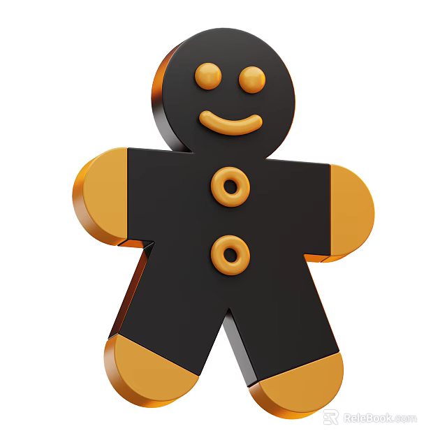 Black And Gold Gingerbread Man Shaped Decorative Ornament Set With Smiling Face And Button Details 3d model 