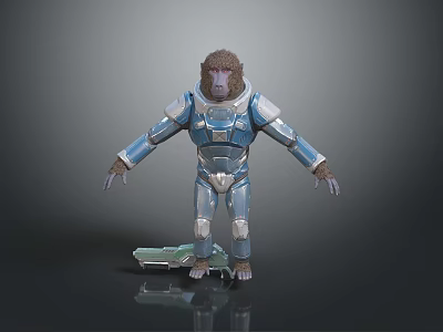 Ape in Blue and Silver Spacesuit Standing with Green Object on Gray Background 3d model