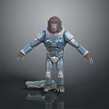 Ape in Blue and Silver Spacesuit Standing with Green Object on Gray Background