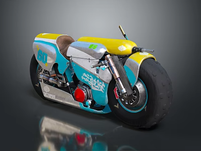 Custom Retro Motorcycle With Blue Yellow Paint Leather Seat And Big Tire Design 3d model