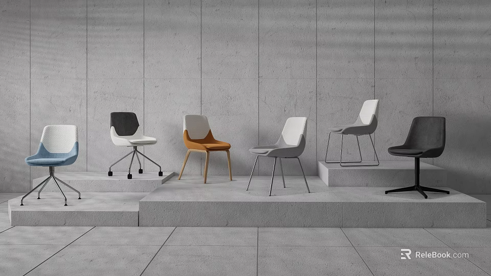 Modern Dining Chairs With Various Colors Designs And Wheels On Gray Floor 3d model 