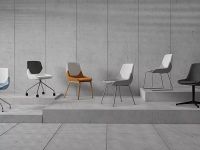 Modern Dining Chairs With Various Colors Designs And Wheels On Gray Floor 3d model