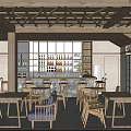 Modern Bar Interior Design With Stone Counter Wooden Tables Chairs And Ceiling Structure