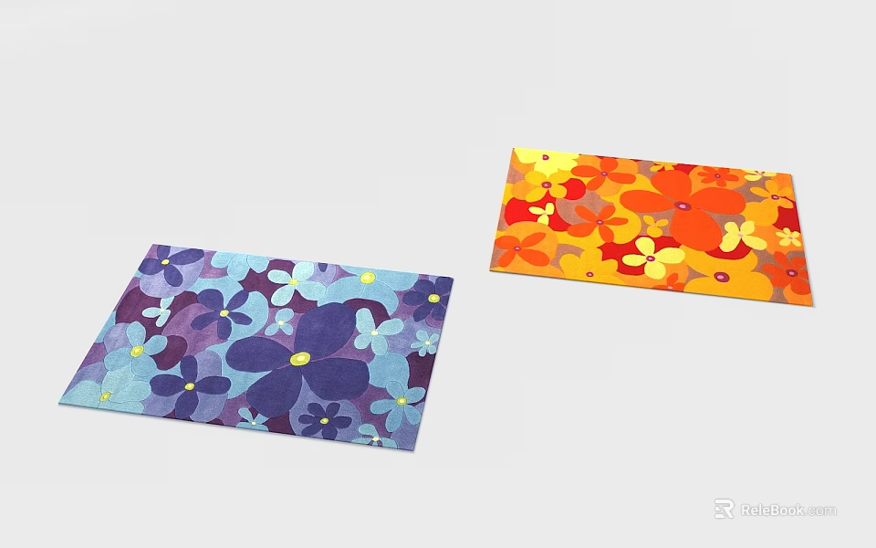 Vibrant Square Carpets With Colorful Floral Patterns In Purple And Orange 3d model 