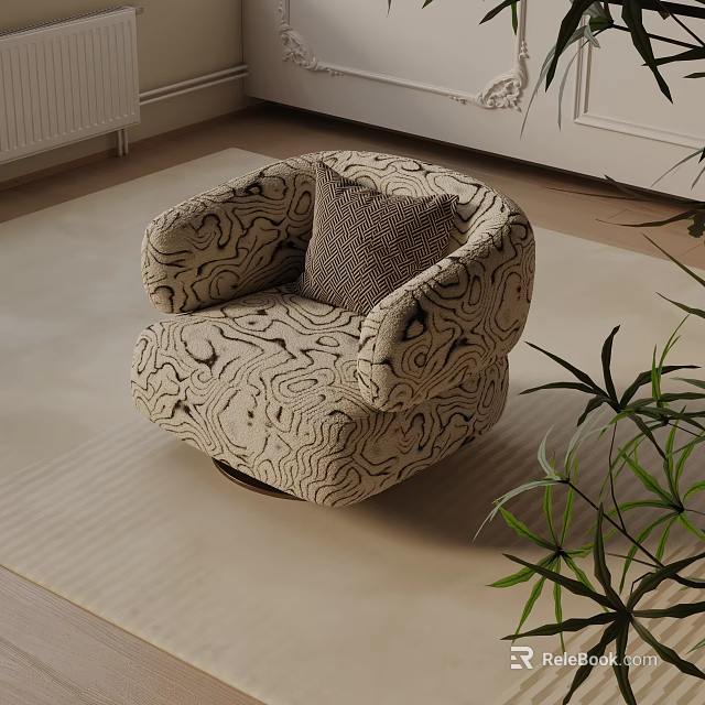 Swirl Patterned Accent Lounge Chair With Knitted Pillow On Beige Rug And Green Plant 3d model 