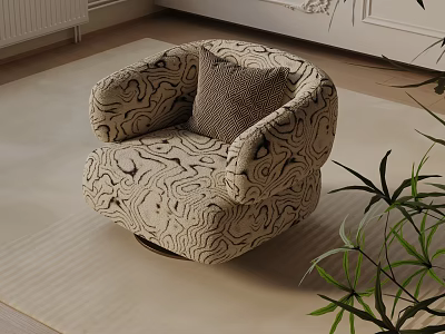 Swirl Patterned Accent Lounge Chair With Knitted Pillow On Beige Rug And Green Plant 3d model