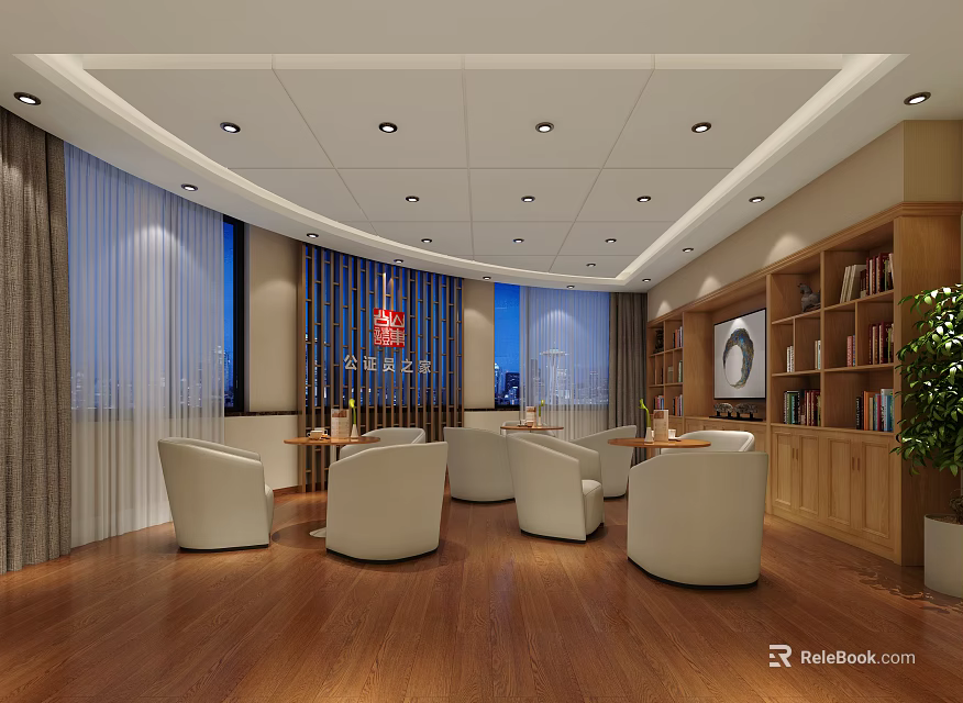 Cozy Modern Lounge Area With White Armchairs Round Tables Bookshelves And Wooden Flooring 3d model 