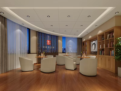 Cozy Modern Lounge Area With White Armchairs Round Tables Bookshelves And Wooden Flooring 3d model
