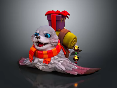 Cute Festive Seal Game Character with Red Scarf Gift Box Yellow Scroll and Bells 3d model