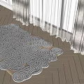 Plush Beige And White Square Rug With Spiral Pattern On Wooden Floor Near Curtains
