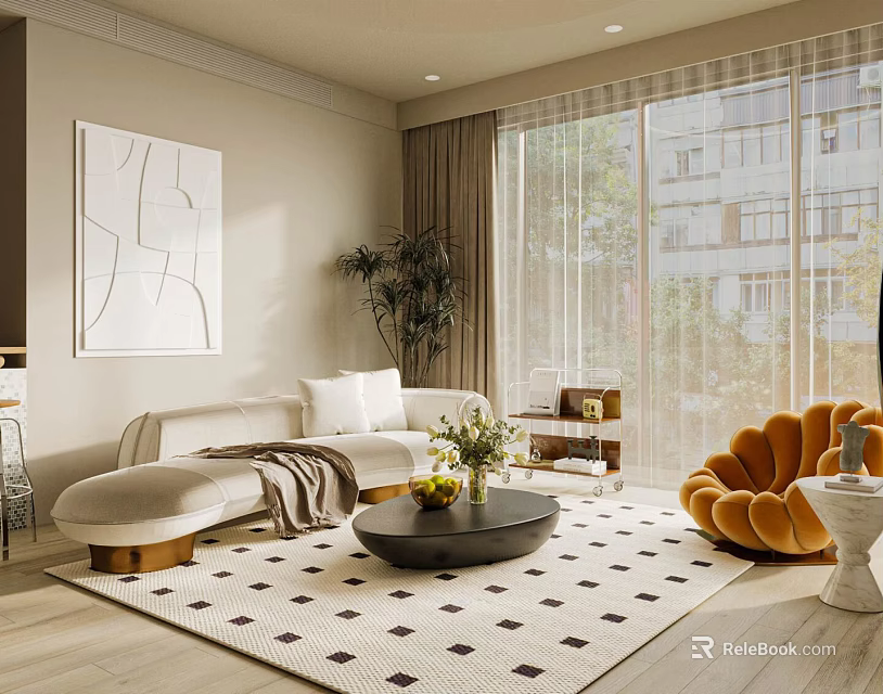 Modern Sofa Set Interior Design With White Sofa Orange Armchair And Geometric Rug 3d model 