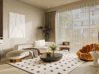 Modern Sofa Set Interior Design With White Sofa Orange Armchair And Geometric Rug 3d model