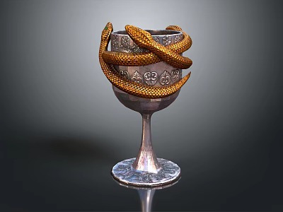Intricate Goblet Shaped Sculpture With Coiled Golden Snakes And Silver Ornate Base 3d model