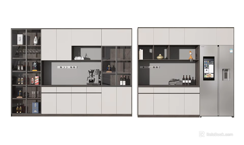 Modern Wine Cabinet With Glass Display Shelves And Wine Bottle Storage In Home Interior 3d model 