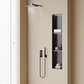Contemporary Shower Head Spraying Water In Bathroom With Recessed Niche For Towels And Toiletries