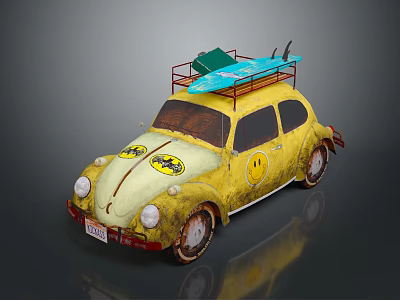 Vintage Yellow Car With Smiley Stickers And Surfboards On Roof Rack 3d model