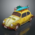 Vintage Yellow Car With Smiley Stickers And Surfboards On Roof Rack