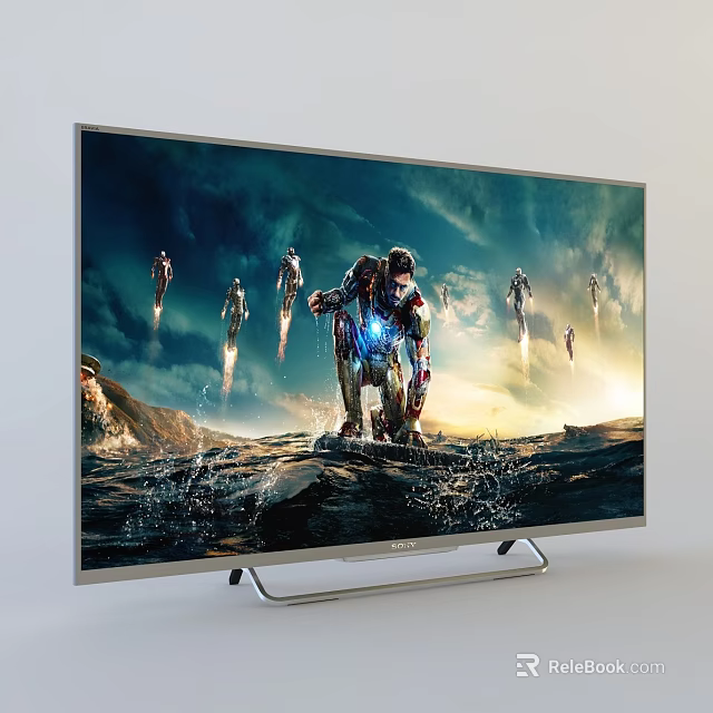 Modern LED TV Showing Iron Man With Flying Characters And Ocean Mountain View 3d model 